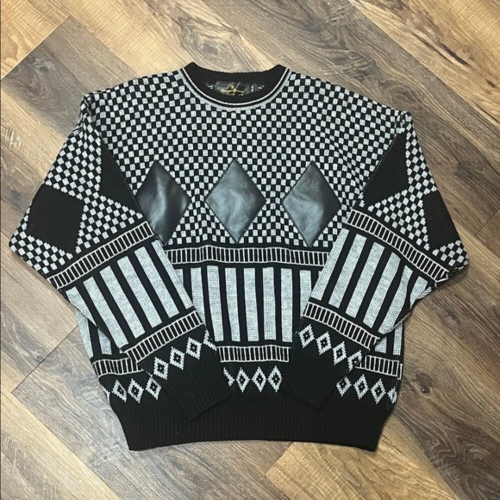 Georgio Romani Black Knit Pullover Sweater Geo Retro Pleather Details Men Large